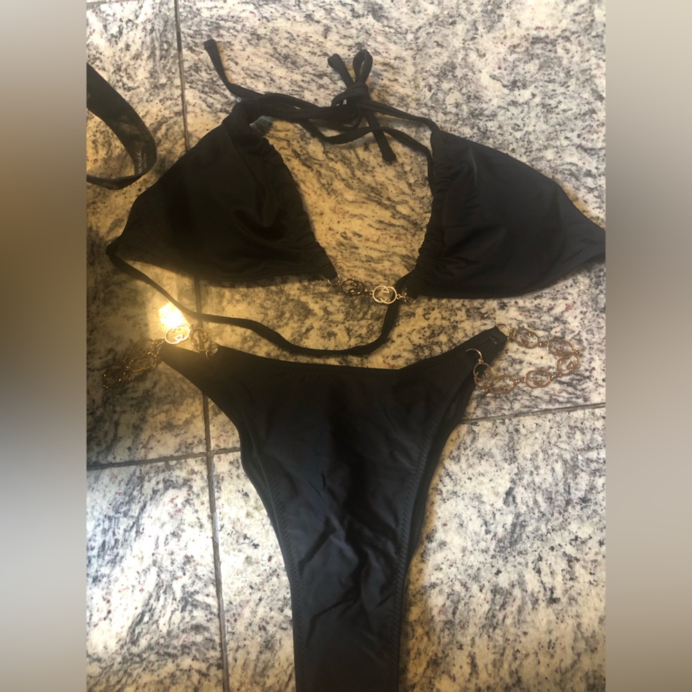 Black Triangle Bikini Set with Gold link at sides of bottom. Size small